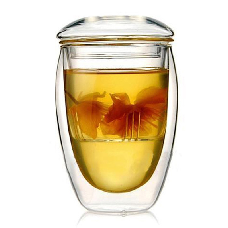 Novelty gifts fashion double wall glass tea strainer 350 ml coffee tumbler glass tee cups with lid and Infuser - Product Image 1