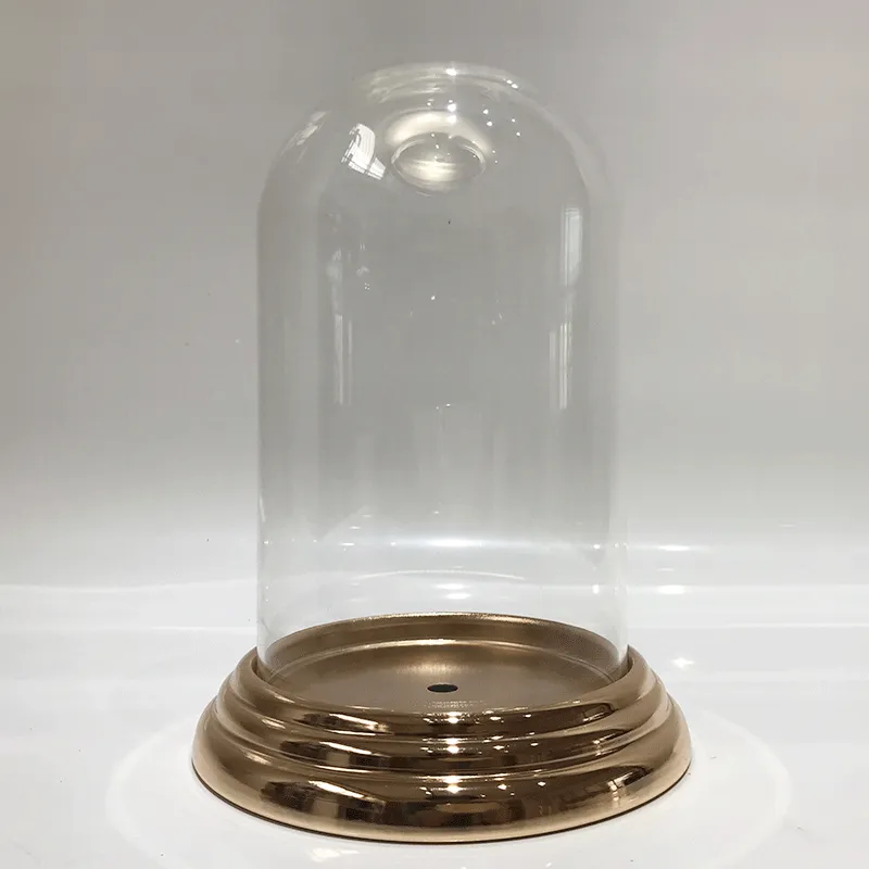 فاكوتري الزجاج قبة مع قاعدة معدنية الذهب الملون حامل معدني مع الزجاج قبة جرس مع الذهبي قاعدة معدنية