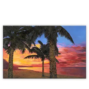 Lienzo personalizado de alta calidad, pintura al óleo de árbol de coco, Playa famosa, atardecer