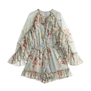 <span class=keywords><strong>Tuta</strong></span> da donna <span class=keywords><strong>elegante</strong></span> con lacci a maniche lunghe con scollo a V e scollo a V con stampa floreale di un pezzo estivo - Product Image 1