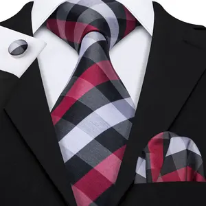 Dasi Sutra Klasik Kotak-kotak Pria, Dasi Sutra Hitam Putih Merah untuk Pengiring Pengantin Pria