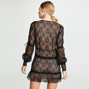 2019 Alibaba nueva primavera diseños damas moda Semi-sheer vestidos de manga de encaje elegante vestido negro para las mujeres - Product Image 5