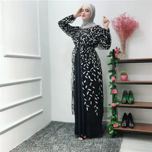 2019 时尚全刺绣叶设计穆斯林女士连衣裙打开 abaya 伊斯兰服装