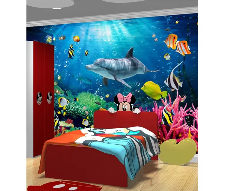 Papel de parede de vinil à prova d' água, mundo submarino, dolphin, decorativo 3d, quarto de crianças