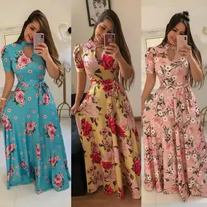 도매 2023 패션 섹시한 숙녀 o-넥 짧은 소매 인쇄 여성 드레스 (C1001-3)