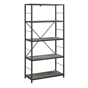 Natural Stained Acacia Wood Bookcase with Rustic Metal Finished Iron Etagere Accents