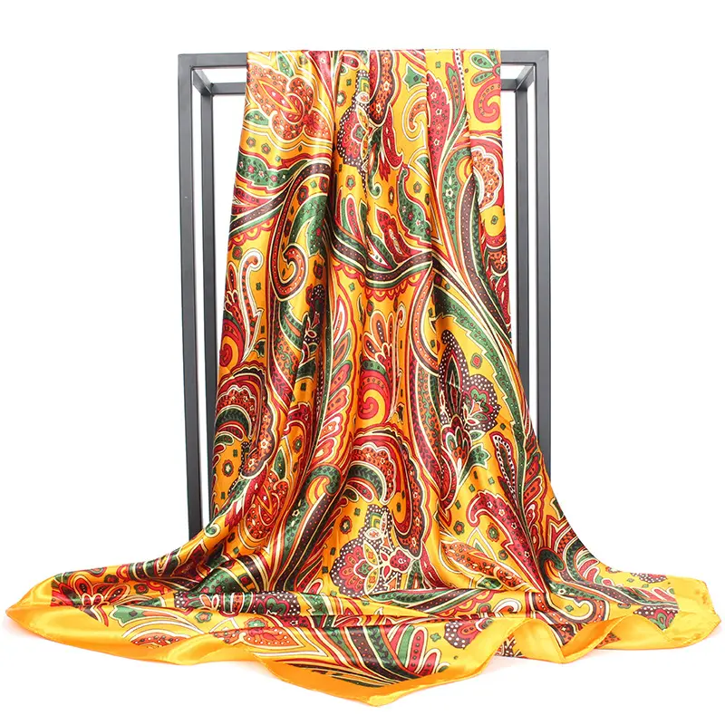 Retro 90cm hot satin paisley printed square tudung silk scarf for women