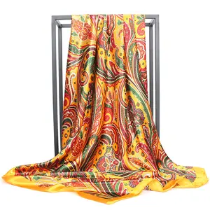 Foulard en soie en satin pour femmes, 90cm, style rétro, carré, imprimé paisley, tendance 2020