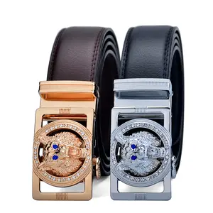 Wholesale custom fashion diamond crystal rhinestones wolf head automatic leather belt for men