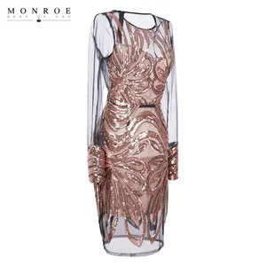 Hot Sequin Midi Dress Chiffon Long Sleeve Embroidery Evening Women Lady Women Elegant Evening Glitter Sequin Dresses