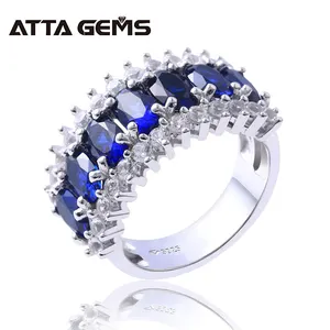 Pengaturan Cabang Safir Biru Potongan Oval 925 Cincin Perhiasan Platinum Lapis Perak Murni Cincin Pernikahan Wanita