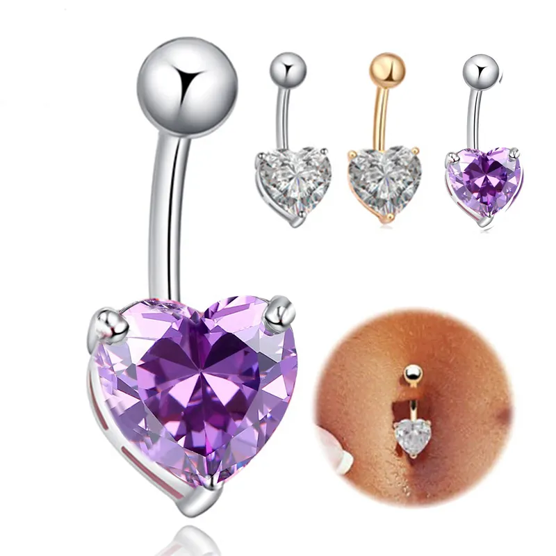 8mm CZ Crystal Heart Navel Bar Belly Button Ring 316L Surgical Steel