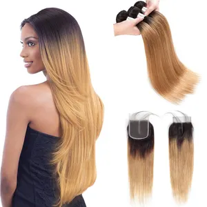 1B27オンブルBlonde Hair Bundles With Closure 3 Bundles With 4 × 4 Lace Closure Brazilian Straight Hair Remy Human Hair Extensions