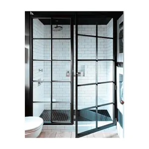 Good quality wrought iron glass door with grid steel glass french door shower door for home