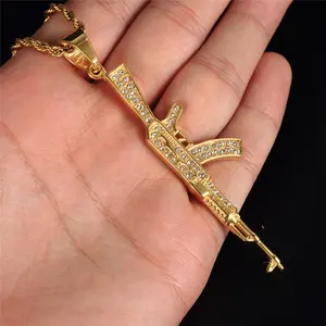 Hot Koop Rvs Sieraden Mens Gold Hiphop Stijl Crystal Rhinestone AK 47 Hanger Ketting