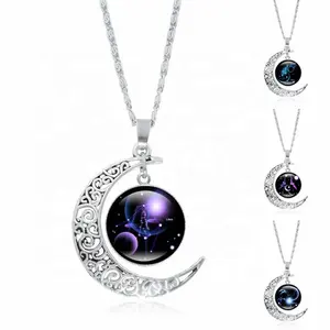 Fashion Silver 12 Zodiac Astrology Galaxy & Crescent Moon Glass Bead Pendant Necklace For Wholesale