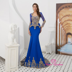 2023 Gaun Prom Putri Duyung Biru Atasan Tipis dengan Appliques Gaun Malam Ilusi Lengan Panjang Gaun Formal Gaun Pesta Wanita - Product Image 1