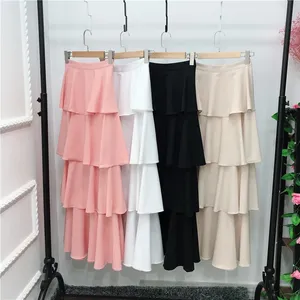 New Fashion Plus Size Heavy Chiffon Maxi Skirt Solid Spandex Material Tiered Layers with Pleated Decoration for Muslim Women