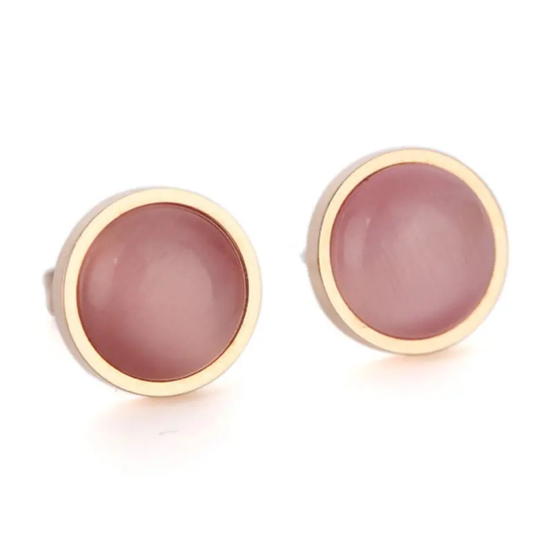 316l Stainless Steel Jewelry Round Pink Opal Pendant Stud Earrings Rose Gold Plated Earrings for Girl