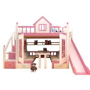 多色松木实木可转换多功能木制公主双层床儿童双层床与幻灯片和桌子