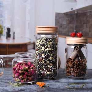 Clear Glass Canister Snack Sugar Treat Tea Storage <strong>Jar</strong> Wooden Lid Kitchen Decor Storage <strong>Spaghetti</strong> <strong>Jar</strong> - Product Image 3