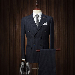Venta al por mayor 2 piezas conjunto británico Delgado raya doble botonadura boda <span class=keywords><strong>novio</strong></span> vestido de novia hombres trajes - Product Image 3