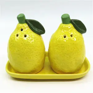 Fancy Ceramic Lemon Shaped Salt & Pepper Shakers Sets With tray ,Kitchen Cooking Spice container