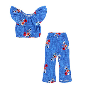2018 traje de la muchacha del verano flor azul lotus hoja borde superior y Pantalones Pantalón ancho de la ropa de los niños - Product Image 1