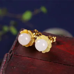 gemstone jewelry earrings 18k gold plating 925 sterling silver natural hetian jade/shell stud earrings for women