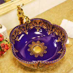 Lavabo de salle de bains en céramique, vasque d'art européen, vasque à poser sur support existant, bleu avec motif doré en forme de fleur, pour salle de bains - Product Image 2