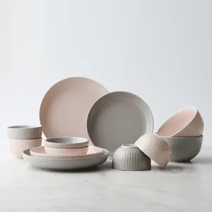 Nordic style houseware pink grey glazed embossed stoneware dinner set for home