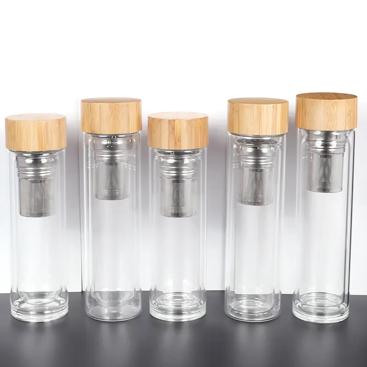 Promotion custom printed logo cool design glass water bottle with laser engraving bamboo LID