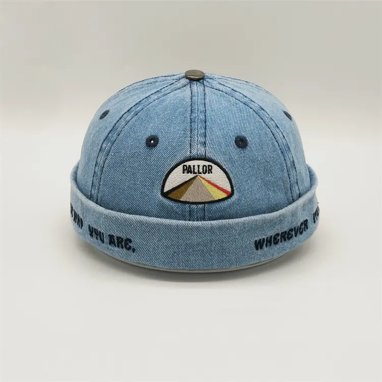 Chapeau en Denim délavé bleu sans visière, nouveau, personnalisé, de haute qualité, pour Docker, sangle en cuir, avec Logo et broderie, vente en gros