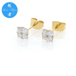 Unisex Stainless Steel Jewelry Studs Earrings 18k Gold Plated Fashion Jewel with Square Zircon