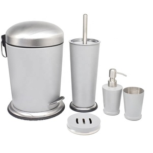 Hotel &amp; Home Stainless Steel Metalbathroom Accessories <strong>Set</strong> Include Trash Waste <strong>Bin</strong>, <strong>Toilet</strong> <strong>Brush</strong>, Soap Dispenser, Toothbrush Cup - Product Image 1