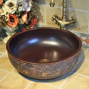 Jingdezhen-lavabo de cerámica con encimera, lavabos de baño, lavabo de cerámica tallada, color marrón