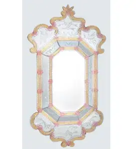 装饰壁镜批发商独特设计的手工粉色和透明水晶串珠玻璃穆拉诺风格水晶框架
