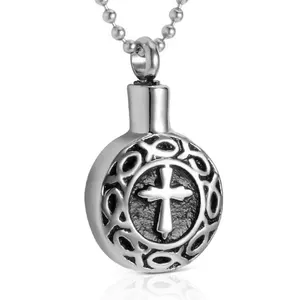 Round Unique Cross Urn Necklace Cremation Jewelry for Ashes Holder with Personalized pendant