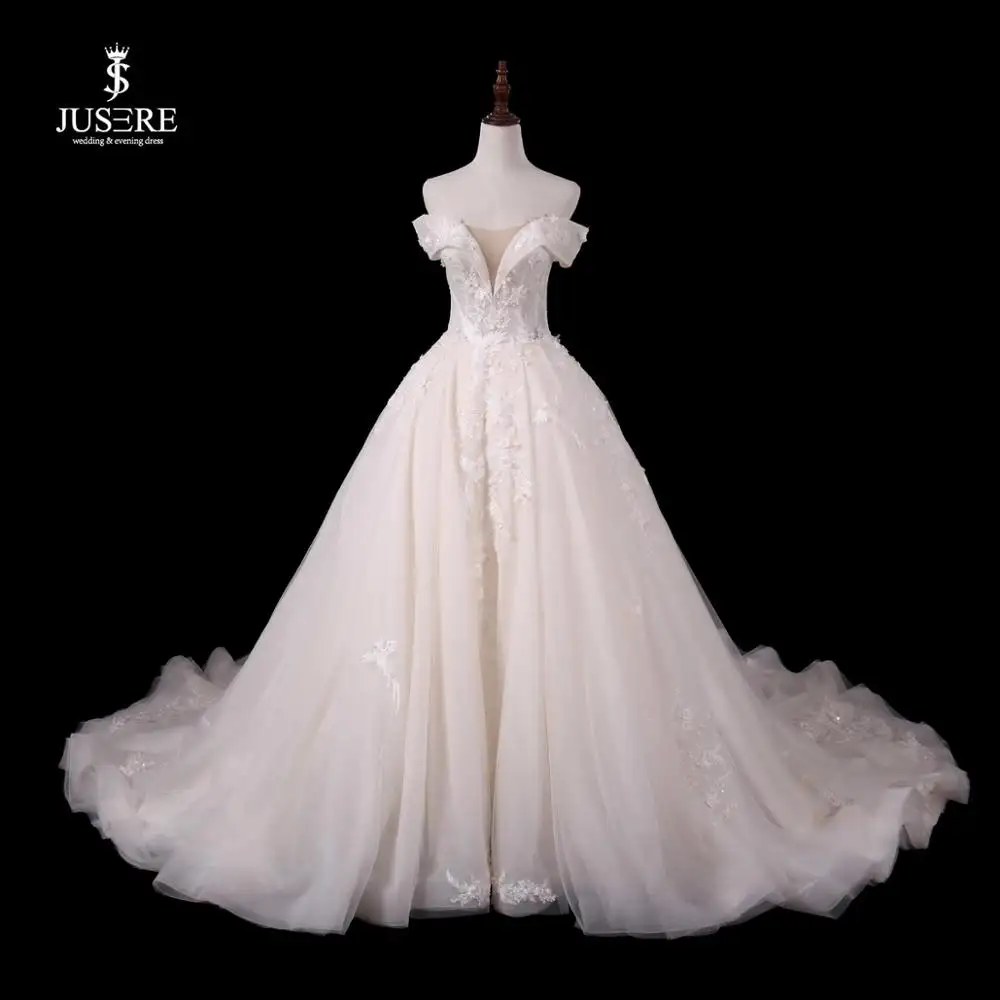 Ivory wedding dress with sweep train appliques ball gown sleeves lace up back bride dress