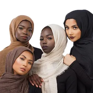 Mode Effen Kleur Sjaal Moslim Vrouwen Katoen Kreuk Hijab Sjaal