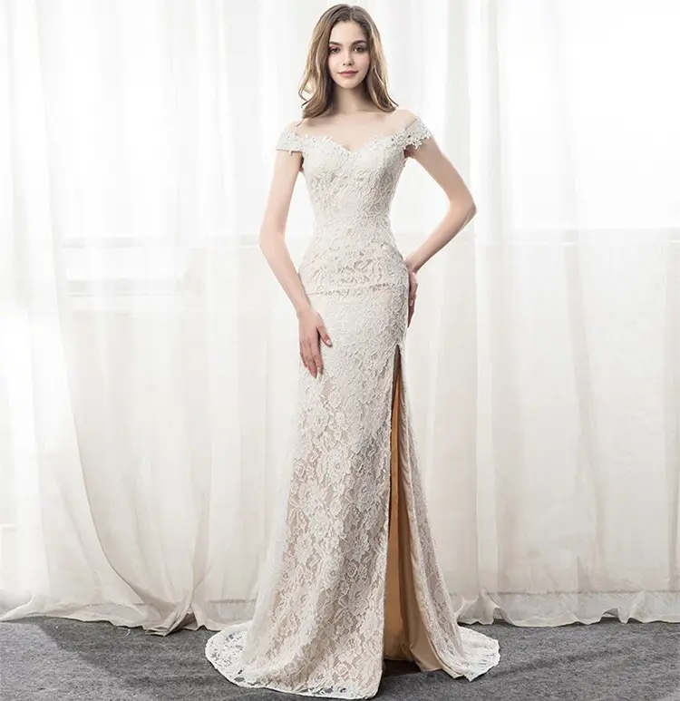 Off-Shoulder Creamy-White Lace Evening Dress Long Sexy Backless Evening Gown Vestidos De Fiesta 2023 Lace Fishtail Prom Dresses