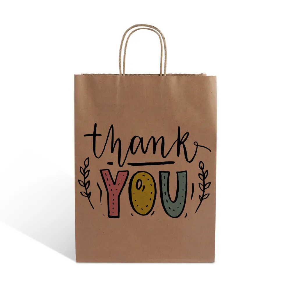 Özel logo küçük teşekkür ederim kahverengi kraft süpermarket alışveriş için büküm halat kağıt kolu hediye çantası