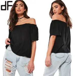 OEM Customized Casual Women Wears Blouses Wholesale Price Summer Ladies Tops Off The Shoulder Black Lace Crochet Chiffon Blouses