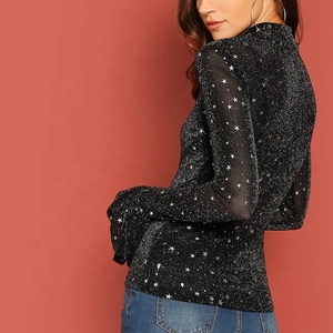 Nuevo lanzamiento mujer moderno elegante volante <span class=keywords><strong>manga</strong></span> de cuello-brillo estrella de malla Top blusas - Product Image 2