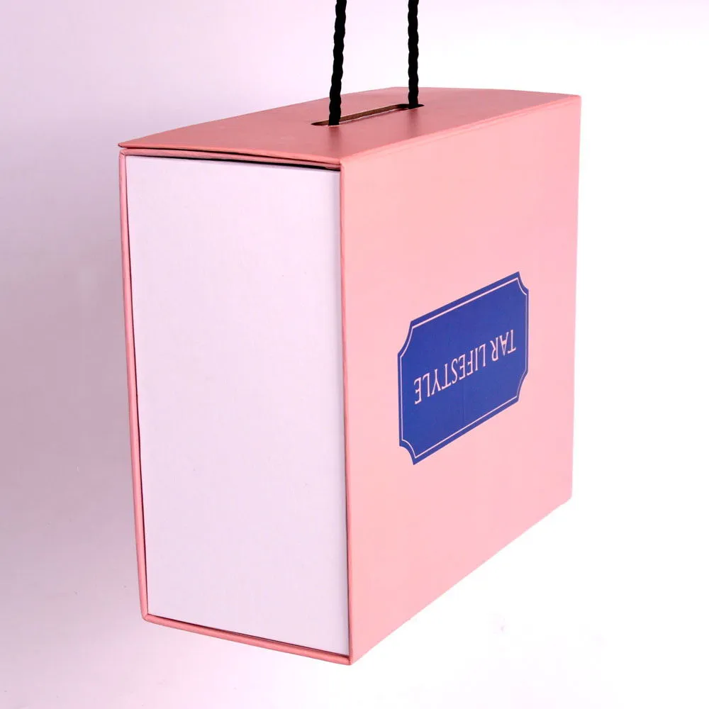 Confezione regalo a conchiglia piatta pieghevole in cartone rosa elegante di lusso personalizzato con manico in corda per confezione regalo per capelli