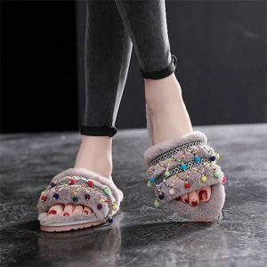 Slippers Indoor Comfort Schoenen Bont Warm met etnische stijl grijs bont pluche fashion <span class=keywords><strong>slides</strong></span> - Product Image 6
