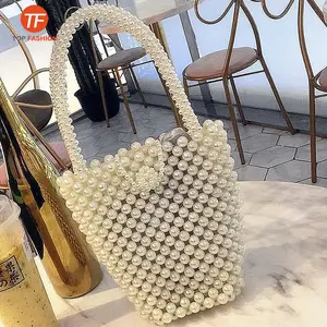 2019 agradável Handmade Pérolas de Resina Telefone Mulheres Bolsa Frisado Bolsa Das Senhoras Top-Alça de Balde Saco