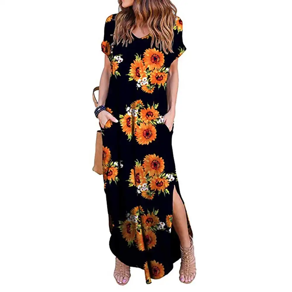 Groothandel Boho Bloemen Zonnebloem Korte Mouw Open Back Casual Vrouwen Maxi Jurk Met Zakken