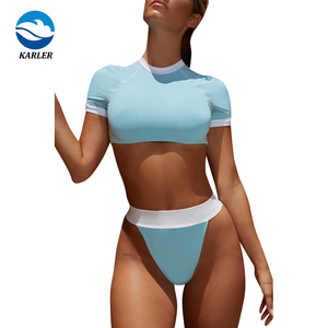 De manga corta de las mujeres conjuntos de <span class=keywords><strong>Bikini</strong></span> de corte alto 2 piezas Sexy Patchwork ropa para damas - Product Image 2