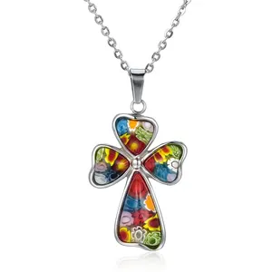Collana con croce in vetro di Murano di alta qualità all'ingrosso realizzata in fabbrica originale al 100% per gioielli da donna in acciaio inossidabile